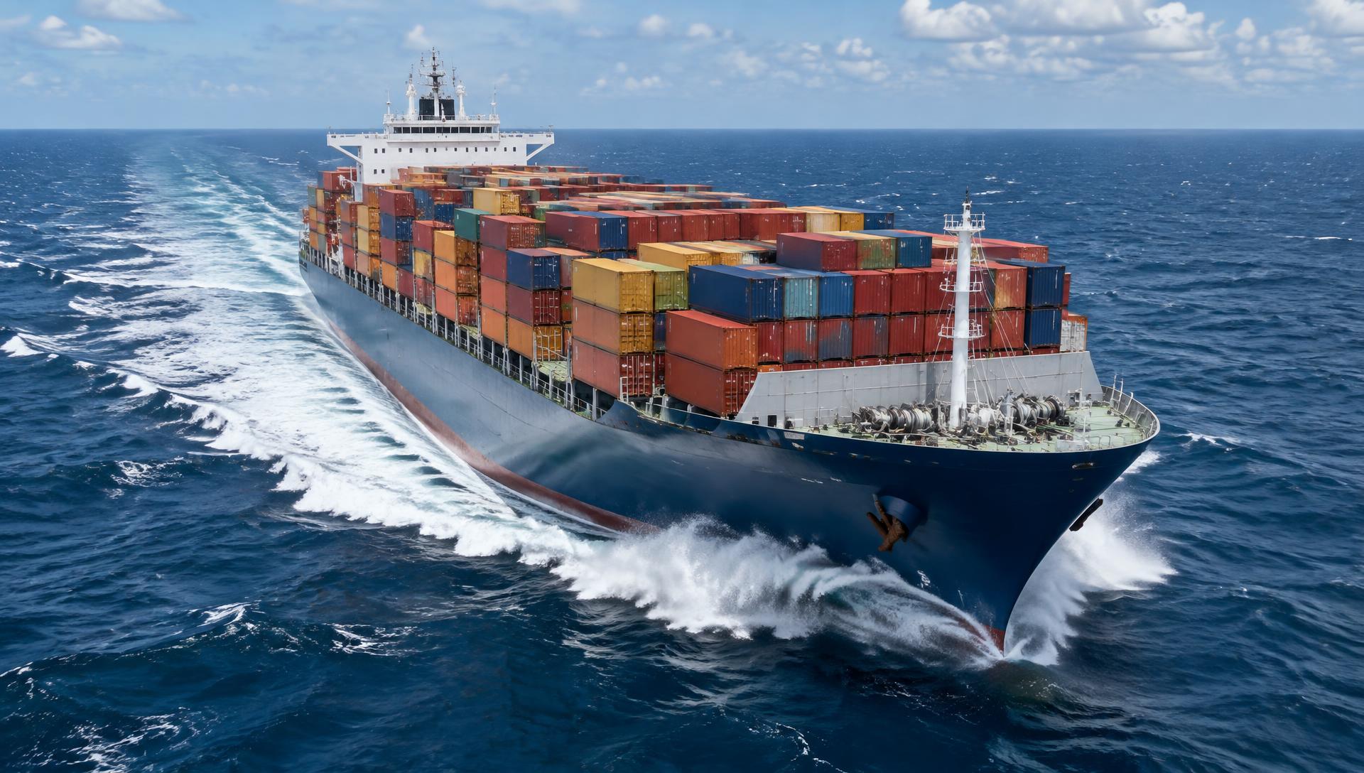Container ship loaded with colourful shipping containers sailing at speed across the open ocean with a white bow wave and wake