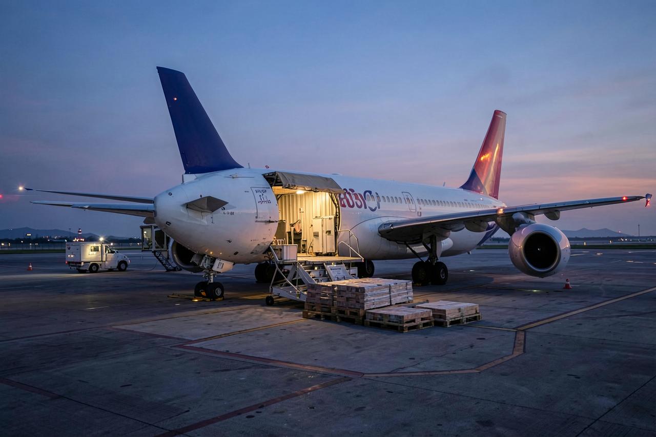 Air cargo being loaded onto a freight aircraft