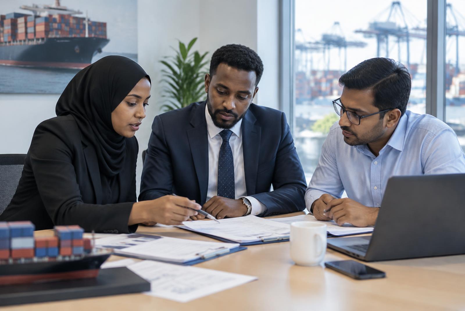 Saami Logistics Group team reviewing shipping documents together in the office