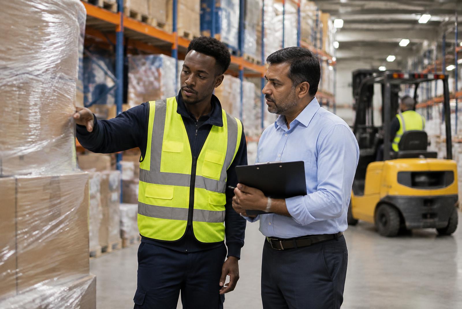 Warehouse worker and procurement supervisor checking palletised goods together